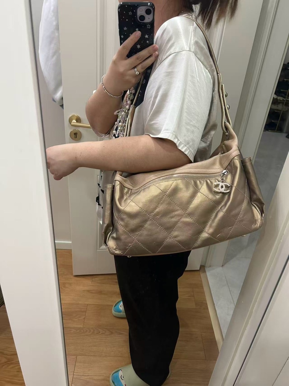CHANEL Metallic Gold Quilted Shoulder Bag with CC Charm